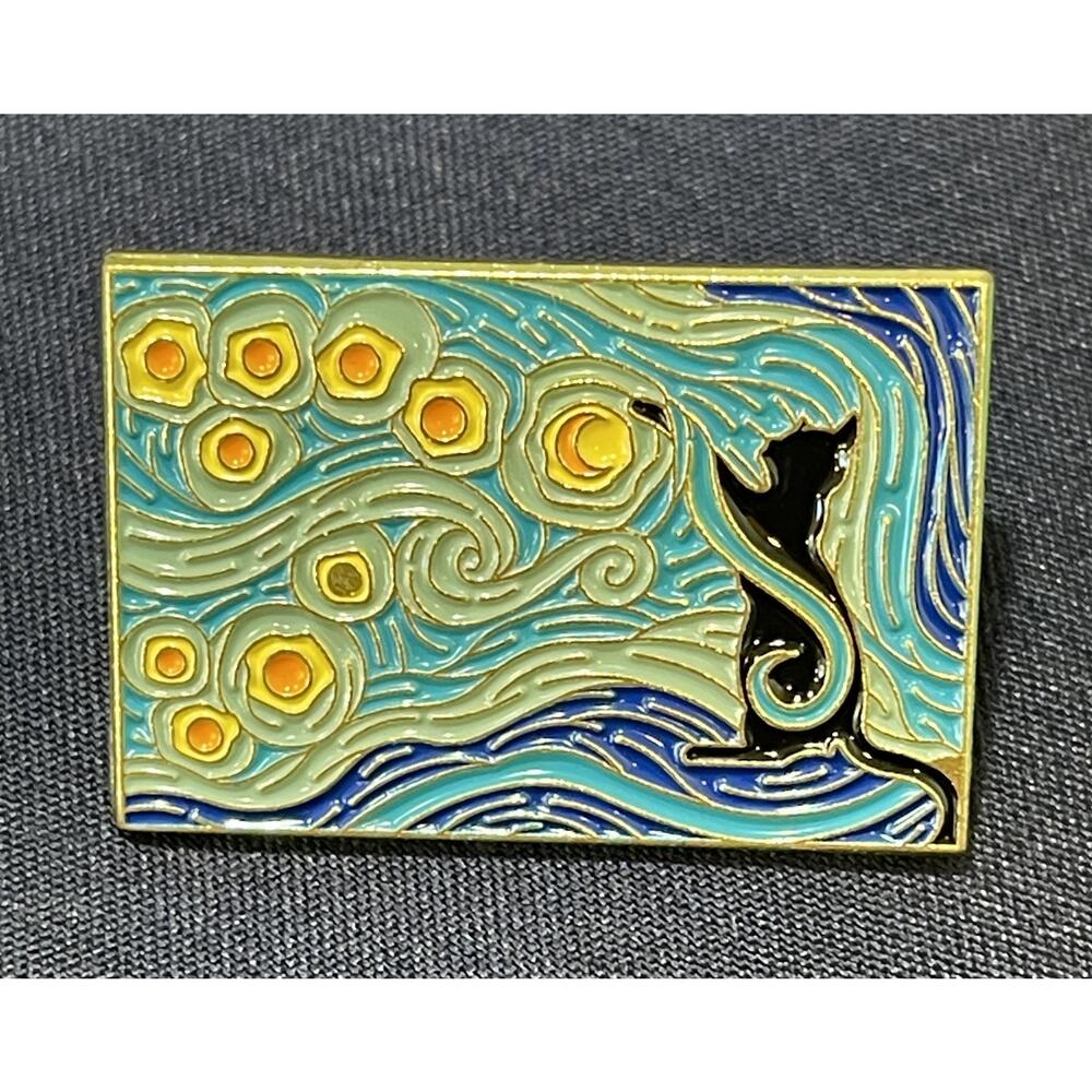 NWOT Blue Enamel Black Cat Lapel Pin Brooch Celestial Art Van Gogh Inspired